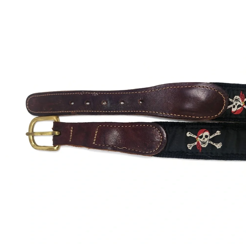 Preston Belt Mens 44 Skull Crossbones Embroidery Brass Buckle Preppy Nautical